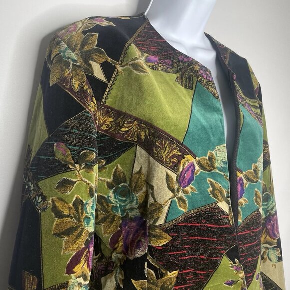 Vintage 80s Bestini Green Black Floral Patchwork Velvet Blazer Jacket - Picture 4 of 8